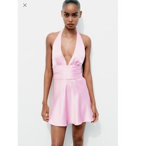Zara Halter Mini Dress Open Back Tie Back Party Cocktail Pink Size small 0199‎